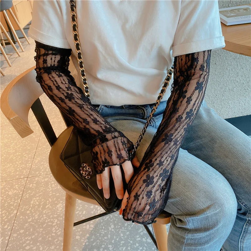 Top Trends: Women Long Flower Lace Hollow-Out Fingerless Gloves Elegant Sun Protection Arm Sleeve Mesh Thin Cooling Driving Cycling Gloves Shoppable Styles