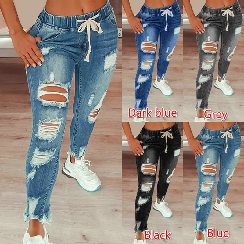 Top Trends: Drawstring Denim Jeans For Women Ripped Hole Stretch Jean Ladies Pencil Pants Pantalones De Mujer Shoppable Styles