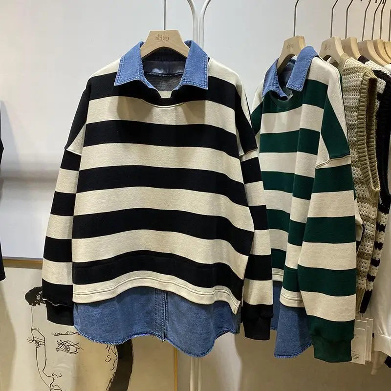 Top Trends: Extra Large Size Spring And Autumn Contrast Color Striped Sweater Women's Loose And Idle Mid-Length Denim Hem Patchwork Top Shoppable Styles