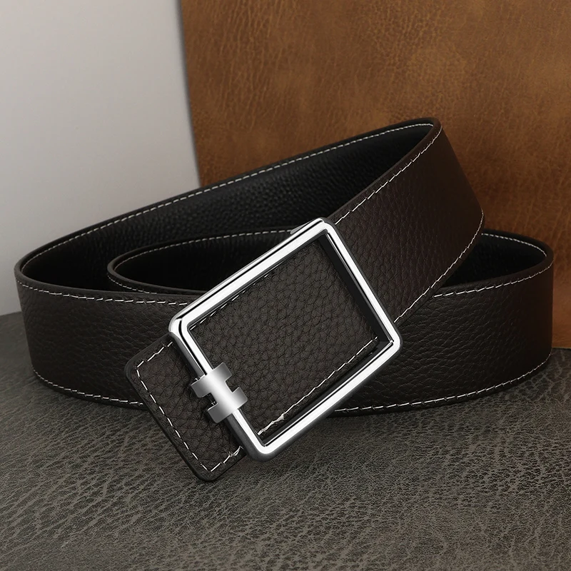 Top Trends: High Quality Designer Square Slide Buckle Belts Men Full Grain Leather Fashion Luxury Famous Brand Brown Young Men Ceinture Homm Shoppable Styles - Image 6