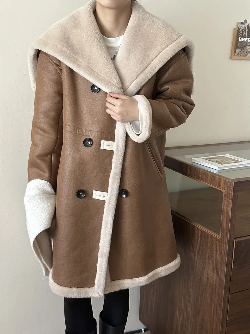 Top Trends: Lamb Fur Fur Integrated Hooded Fur Jacket, Medium Length Double Breasted Winter Suede Retro Warm Cotton Jacket Shoppable Styles