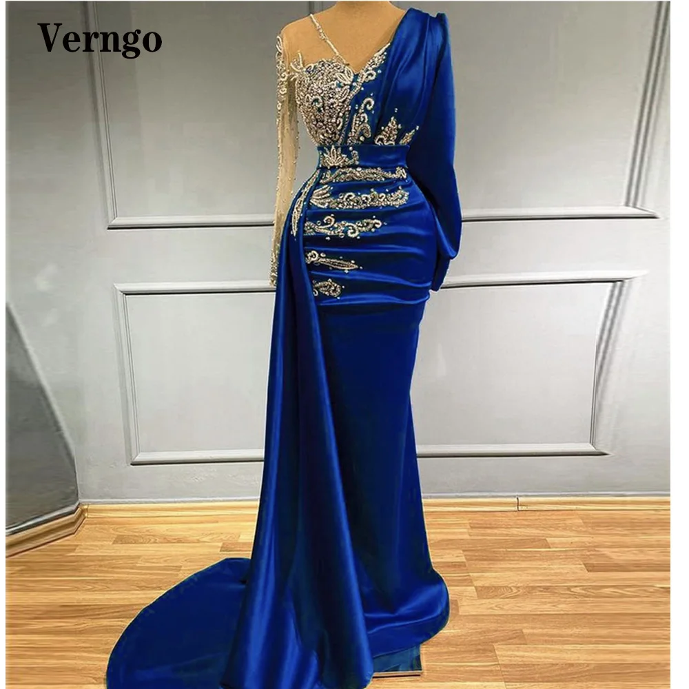 Top Trends: Verngo Royal Blue Satin Beads Long Sleeves Evening Dresses With Detachable Train V Neck Dubai Women Luxury Formal Prom Gowns Shoppable Styles