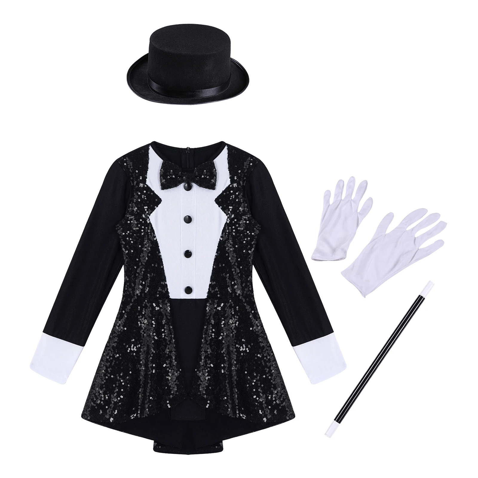 Top Trends: Halloween Magician Costume Kids Girls Long Sleeve Sequin Leotard+ Hat+ Magic Wand+ Gloves For Carnival Party Cosplay Performance Shoppable Styles