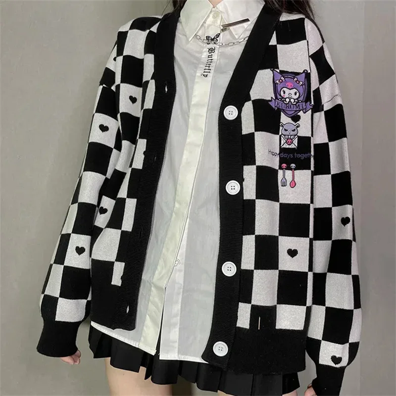 Top Trends: Kawaii Cartoon Embroidery Cardigan Women Jk Uniform Checkerboard Sweater Coat Autumn Loose Y2k Knitted Sueters De Mujer Shoppable Styles