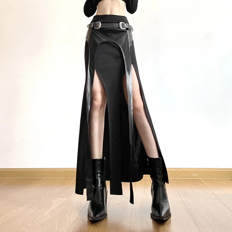 Top Trends: Goth Dark Grunge Punk Irregular Party Long Skirts Cyber Gothic Y2k Faux Pu Patchwork Midi Skirt Women Techwear Sexy Split Bottom Shoppable Styles