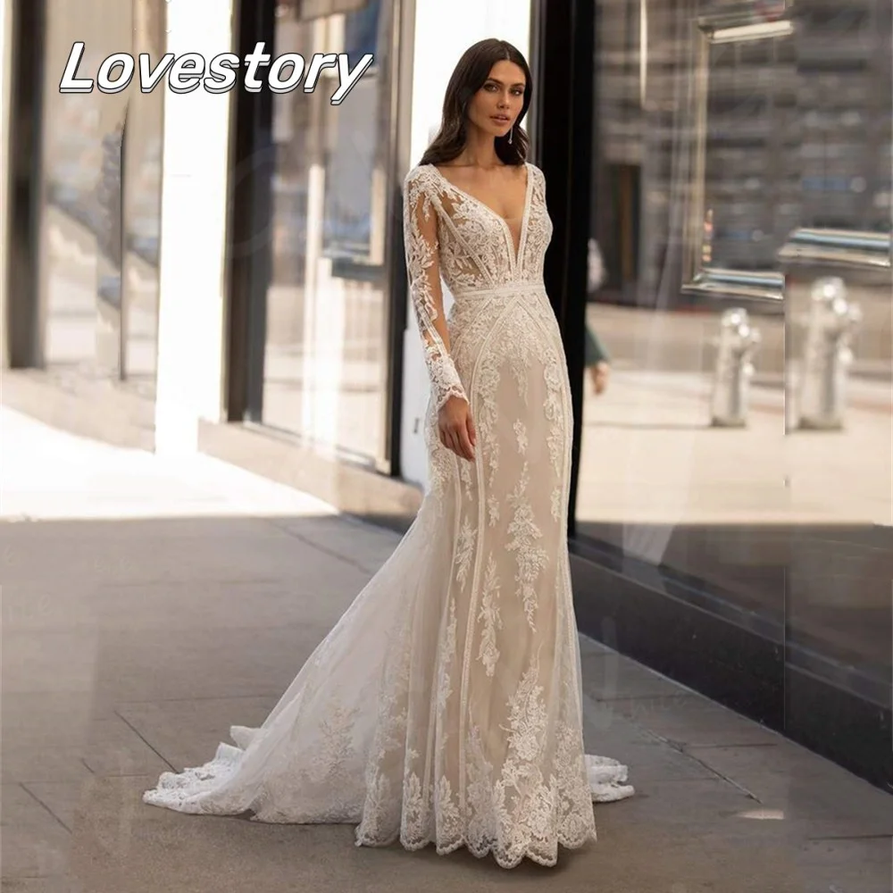 Top Trends: Exquisite Lace Mermaid Wedding Dresses Long Sleeves V-Neck Bride Robe Sexy Illusion Back Bridal Gowns Buttons Vestidos De Novia Shoppable Styles