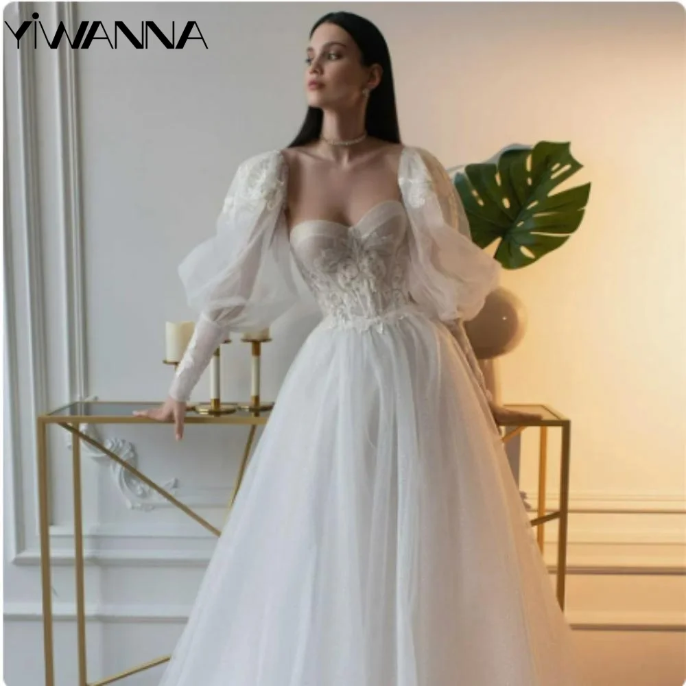 Top Trends: Romantic Sweetheart Neck Wedding Dress Classic Lace Appliques Dress For Bride Elegant Puff Sleeve A-line Long Bridal Gown Shoppable Styles