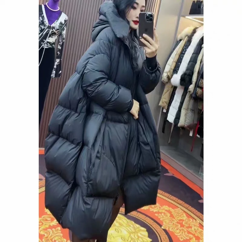 Top Trends: Black Mid Length Down Jacket, Oversized Loose Hooded And Thickened Warm White Duck Down Jacket, Women&#039;s Winter New 2024 Shoppable Styles