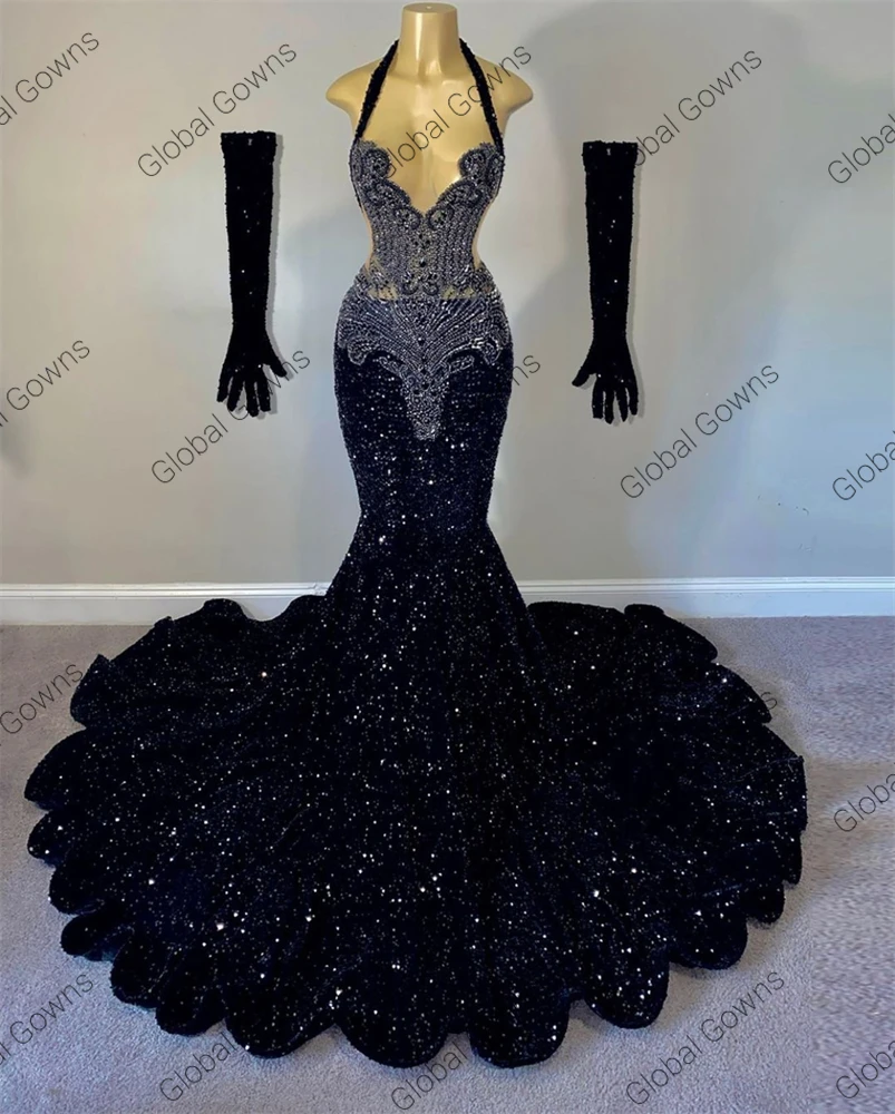 Top Trends: Halter Long Prom Dress For Black Girls Beaded Crystal Diamond Birthday Party Dresses Sequined Evening Gown With Gloves Robe Shoppable Styles - Image 3