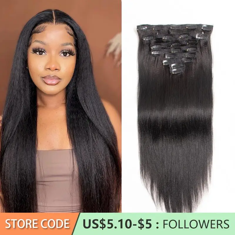 Top Trends: Yaki Straight Clip Ins Human Hair Seamles Hair Extensions Light Yaki Clip Ins 12-24" Remy 8Pcs / set 90-300g For Full Head Shoppable Styles