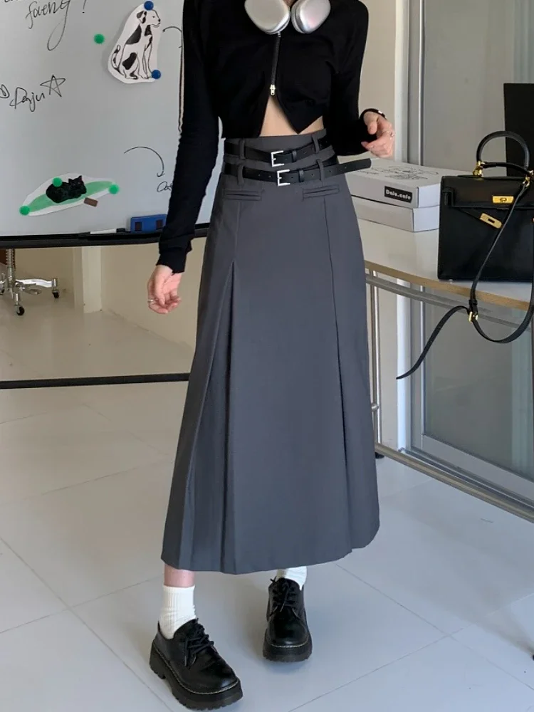 Top Trends: DEEPTOWN Grey Long School Skirt Women Vintage Streetwear High Waist A-line Slim Korean Style Pleated Midi Skirt Autumn Fashionl Shoppable Styles