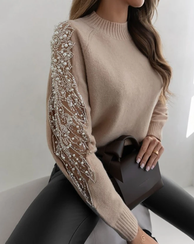 Top Trends: Women&#039;s Sweater Autumn Fashion Contrast Sequin Beaded Sheer Mesh Patch Casual Mock Neck Long Sleeve Daily Pullover Knit Sweater Shoppable Styles