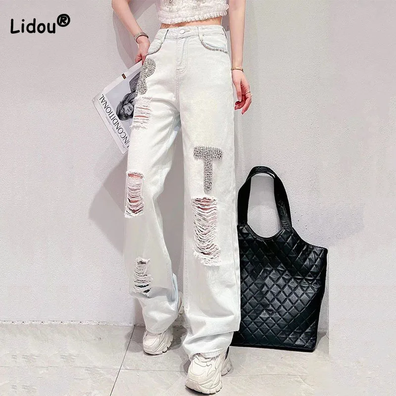 Top Trends: Streetwear Fashion Solid Color Distressed Pants Women's Clothing Autumn Trend Young Style High Waist Diamonds Denim Trousers Shoppable Styles