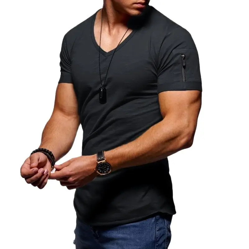 Top Trends: New Summer Men's V Neck T Shirt Fitness Bodybuilding Tshirt High Street Short Sleeved Zipper Casual Cotton Top Plus Size S-5XL Shoppable Styles