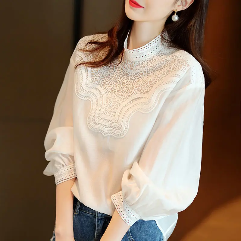 Top Trends: Female Clothing Stand Collar Blouse Commute Solid Color Spring Autumn Long Sleeve Stylish Korean Lace Hollow Out Spliced Shirt Shoppable Styles