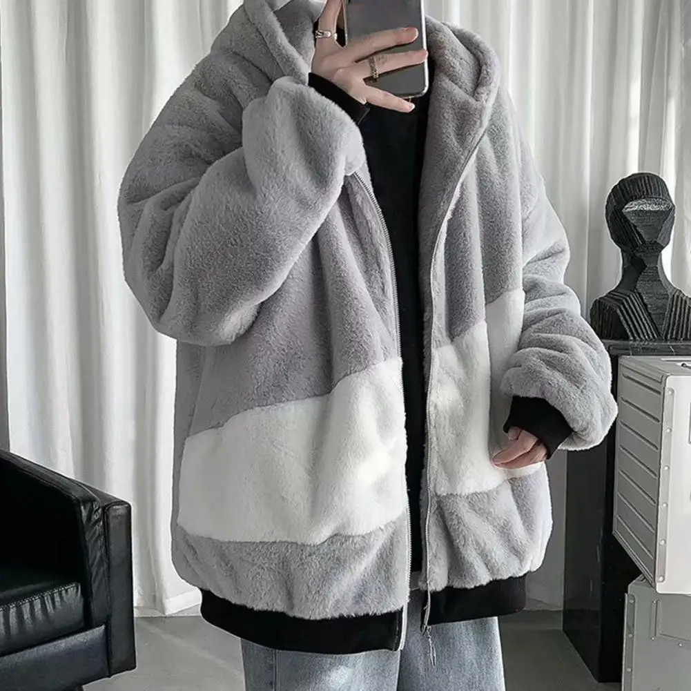 Top Trends: Men Jacket Contrast Color Plush Zipper Long Sleeve Loose Hip Hop Ribbed Cuff Teddy Bear Hoodie Sweatshirt Coat For Outdoor Tops Shoppable Styles