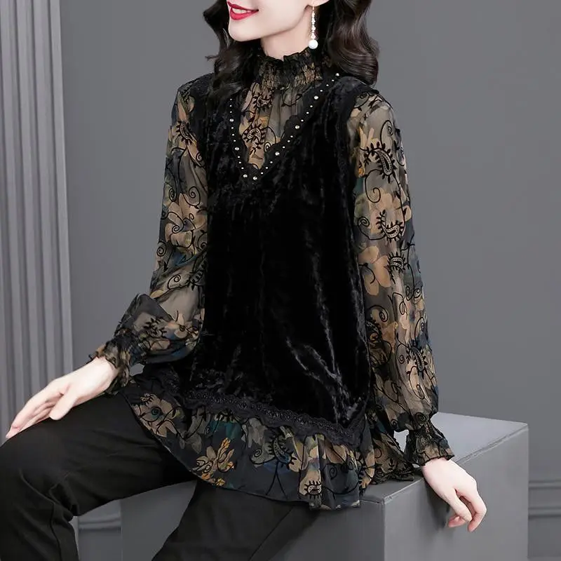 Top Trends: Fold Edible Fungus Lace Vintage Women Blouse Half High Neck Velvet Chiffon Spliced Floral Flare Sleeve Fake Two Pieces Straight Shoppable Styles