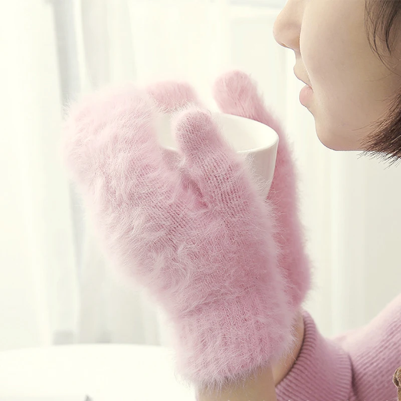 Top Trends: Women Rabbit Fur Gloves Winter Warm All Fingers Mittens Solid Color Thicken Wool Knitted Fingerless Gloves Soft Plush Gloves Shoppable Styles