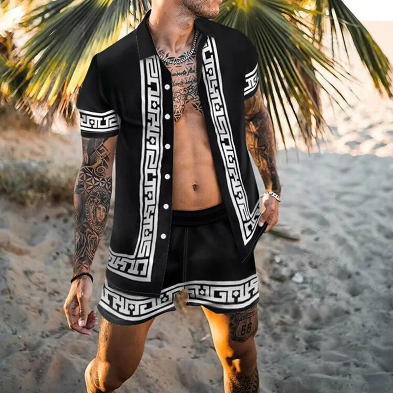 Top Trends: Geometric Printing Fashion New Beach Men&#039;s Summer Shirt Suit Casual Breathable Short Sleeve Shirt Beach Shorts Men Set Shoppable Styles