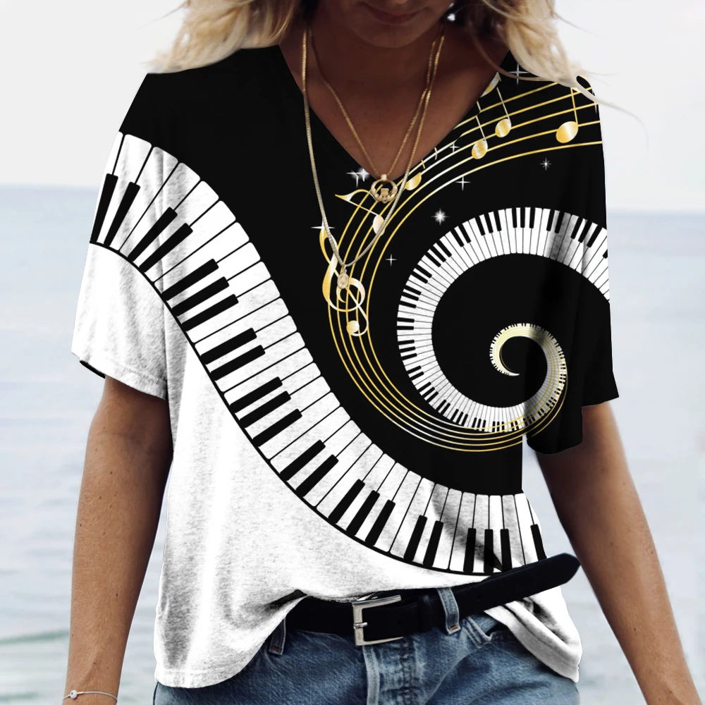 Top Trends: Music Piano Print Women&#039;s T Shirt V-neck Oversized Pullover Harajuku Clothing Fashion Short Sleeve Loose Tops Summer Basic Tees Shoppable Styles