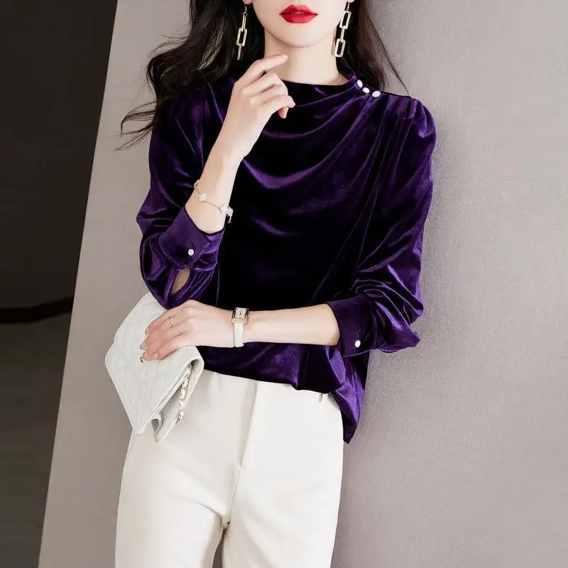 Top Trends: French Style Vintage Half High Collar Blouse Women's Clothing Basic Solid Color Autumn Winter Velvet Fashion Folds Button Shirt Shoppable Styles