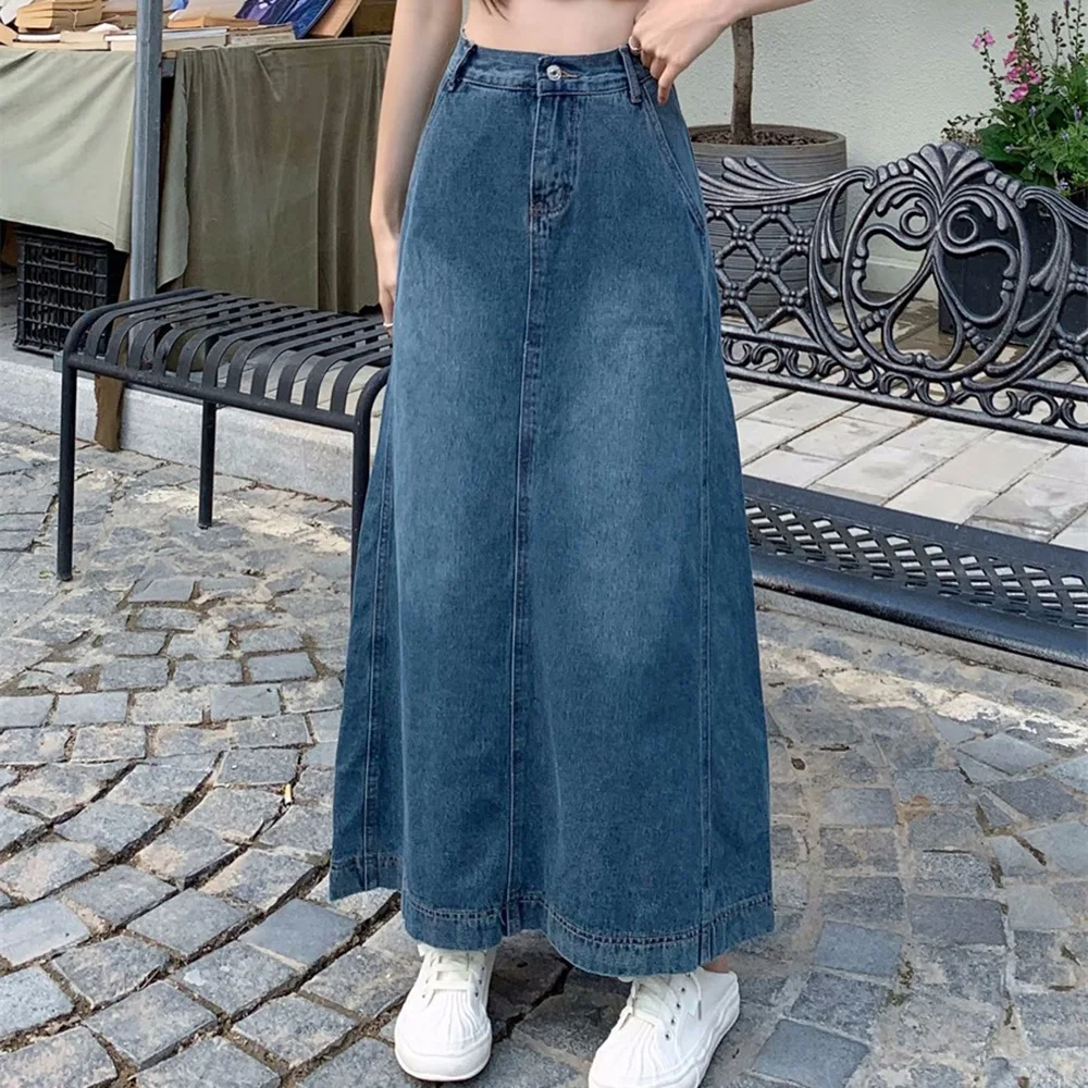 Top Trends: S-5XL Women Long Denim Skirt Summer Fashion Vintage High Waist Hip Wrap A-Line Jeans Skirt Spring Casual Loose Split Skirt Blue Shoppable Styles