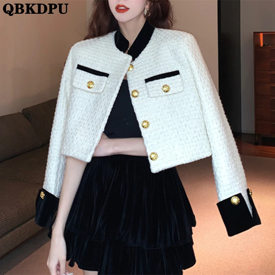 Top Trends: Korean Short Patchwork Tweed Jackets Spring Women Single Breasted Streetwear Casacos Fashion Vintage Stand Collar 2023 New Coats Shoppable Styles