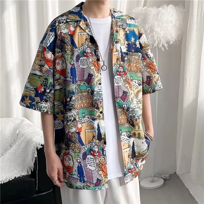 Top Trends: Japan Anime Cartoon Printed Vintage Cargo Shirt Summer New Men Hawaiian Short Sleeve Casual Mens Women Couple Shirts Oversized Shoppable Styles