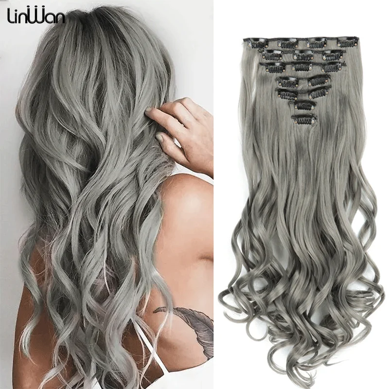 Top Trends: 22Inch Long Wavy Hair Extension 7Pcs / Set 16 Clips High Tempreture Synthetic Hairpiece Clip In Hair Extension Ombre Grey Blonde Shoppable Styles