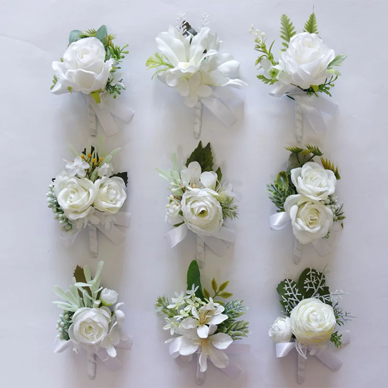 Top Trends: White Artifical Boutonnieres Flower Wrist Corsage Accessoires Mariage Men Brooch Brides Bracelet Buttonhole Decor Shoppable Styles