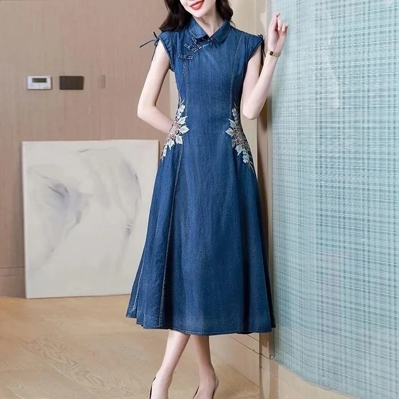 Top Trends: Denim Dress Women 2023 Spring Summer New Retro Slim Elegant Temperament Jeans Dresses Female Large Size Embroidered Skirt Shoppable Styles - Image 5