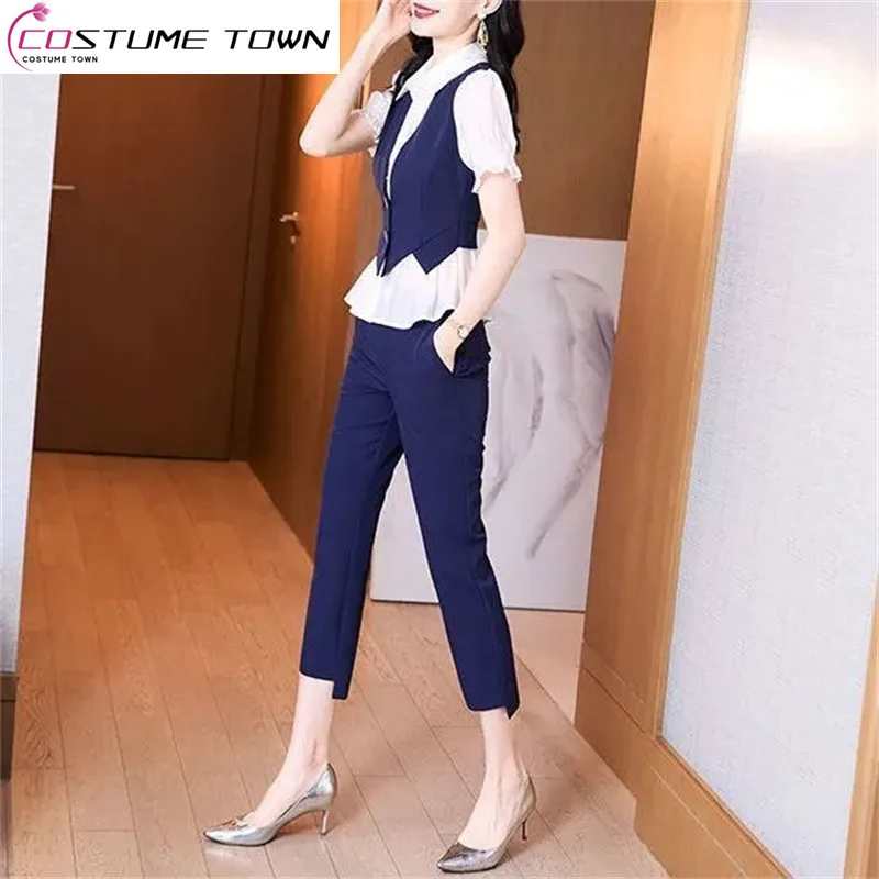 Top Trends: Korean Summer Splicing Short-sleeved Chiffon Shirt Casual Pencil Trousers Two-piece Elegant Women Pants Suit Office Outfits Shoppable Styles