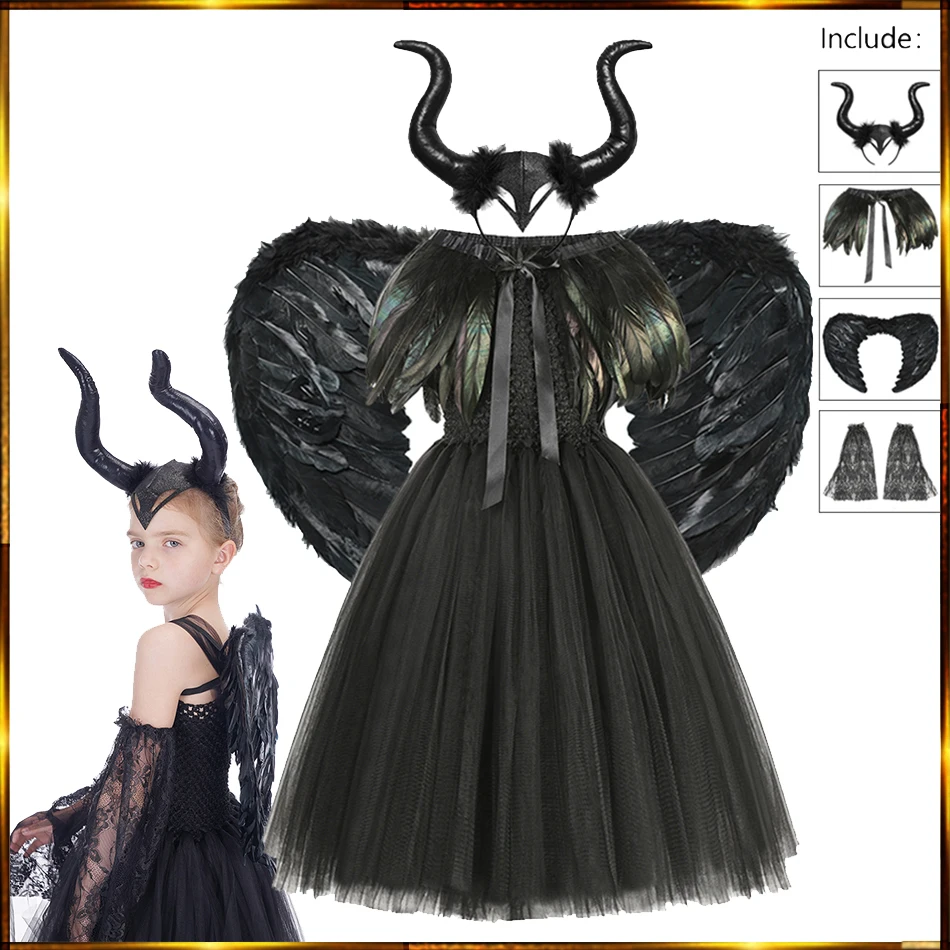 Top Trends: Halloween Costume For Kids Maleficent Dress Deluxe Girls Fancy Feather Shawl Glam Gown Tutu Dress Kids Demon Queen Witch Clothes Shoppable Styles