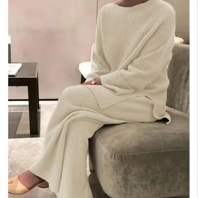 Top Trends: 2024 Spring Knitted Women Suit Black O-neck Long Sleeves Top Wide-leg Pants Loose Set Female Spring Casual Lady Home Clothes Shoppable Styles - Image 5