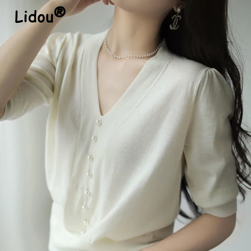 Top Trends: White Bead Knit Shirt V-neck Short Sleeve Blouse 2022 Korean Style Casual Shirt For Female Professional Elegant OL Clothing Shoppable Styles