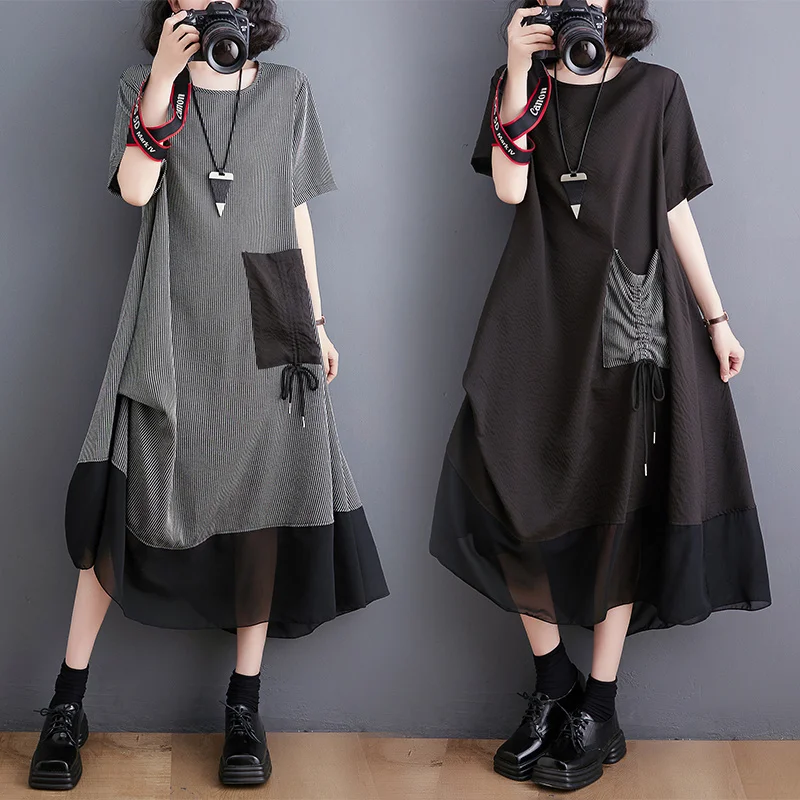 Top Trends: #3587 Black Green Grey Striped T Shirt Dress Women Pockets Loose Folds Spliced Mesh Asymmetrical Midi Dress Short Sleeve Summer Shoppable Styles