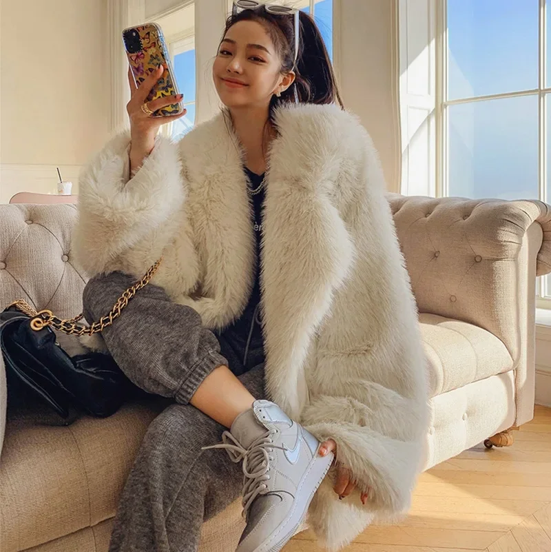 Top Trends: Winter Imitation Fox Fur Coat Mid Length Faux Collar Jackets For Women Thick Warm Casual Lapel Cardigan Outer Wear Basic Style Shoppable Styles