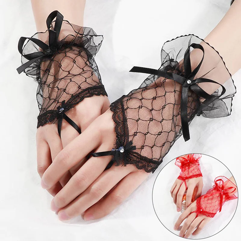 Top Trends: 1Pair Fashion Evening Party Lace Mesh Fingerless Bridal Gloves Spring Summer Short Gloves Women Breathable Shoppable Styles