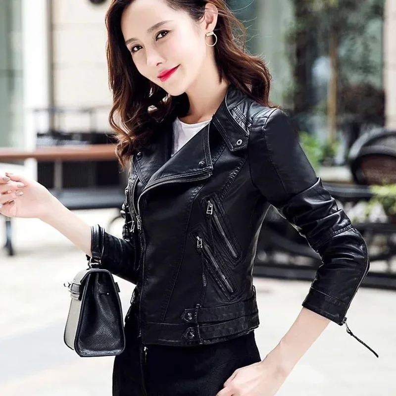 Top Trends: 1pcs Women's PU Leather Short Jackets 2024 Spring Faux Fur Zipper Splicing Irregular Black Ladies Skinny Locomotive Small Coats Shoppable Styles