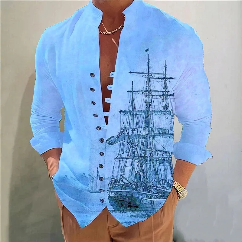 Top Trends: 2024 Autumn / winter New Fashion Men's Sailing Print Business Slim Casual Shirt Long Sleeve Shirt Shoppable Styles