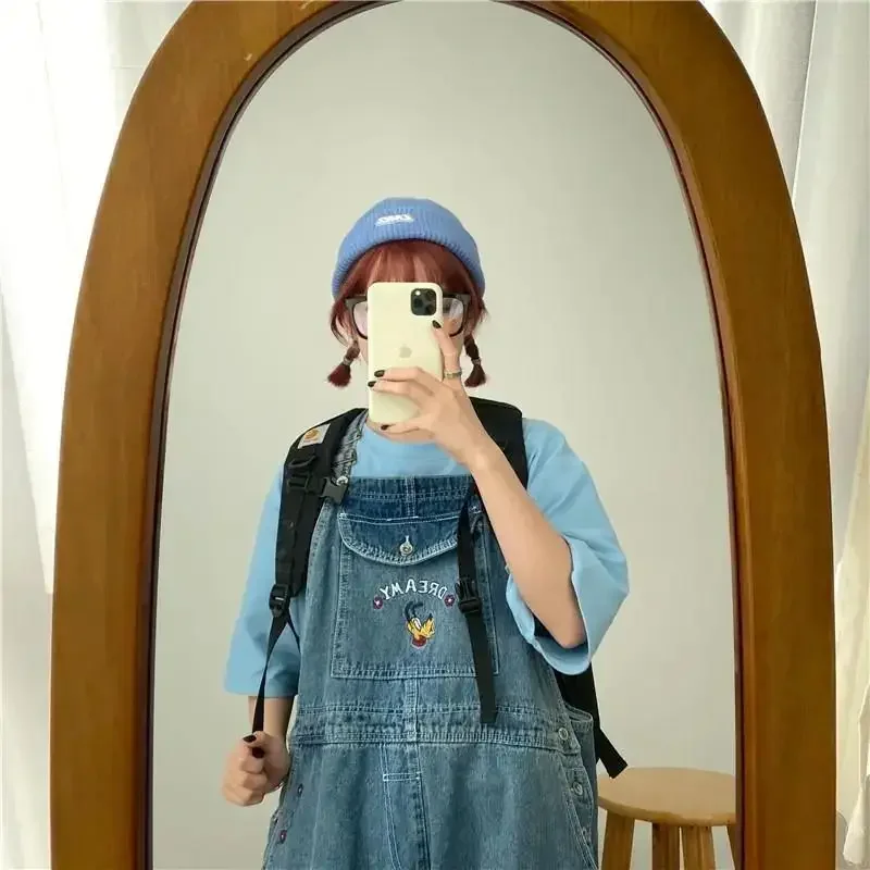 Top Trends: Japanese Loose Cute Jumpsuits Women New Cartoon Embroidery Oversized Denim Overalls Female Cuffed Wide Leg Trousers Shoppable Styles - Image 4