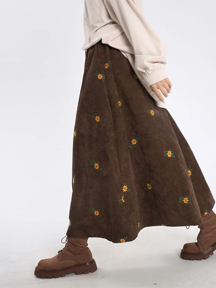 Top Trends: Korean Style High Waist Corduroy Embroidery Long Skirt Women Autumn Winter Loose Floral A-line Skirt Casual Retro Skirt Elegant Shoppable Styles