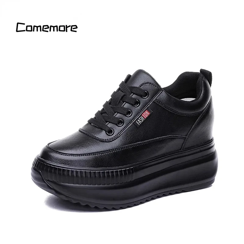 Top Trends: Comemore Platform Wedge Female Women 8CM Heels 2023 Sneakers Chunky Spring Autumn Shoe Women Genuine Leather Casual Black Shoes Shoppable Styles