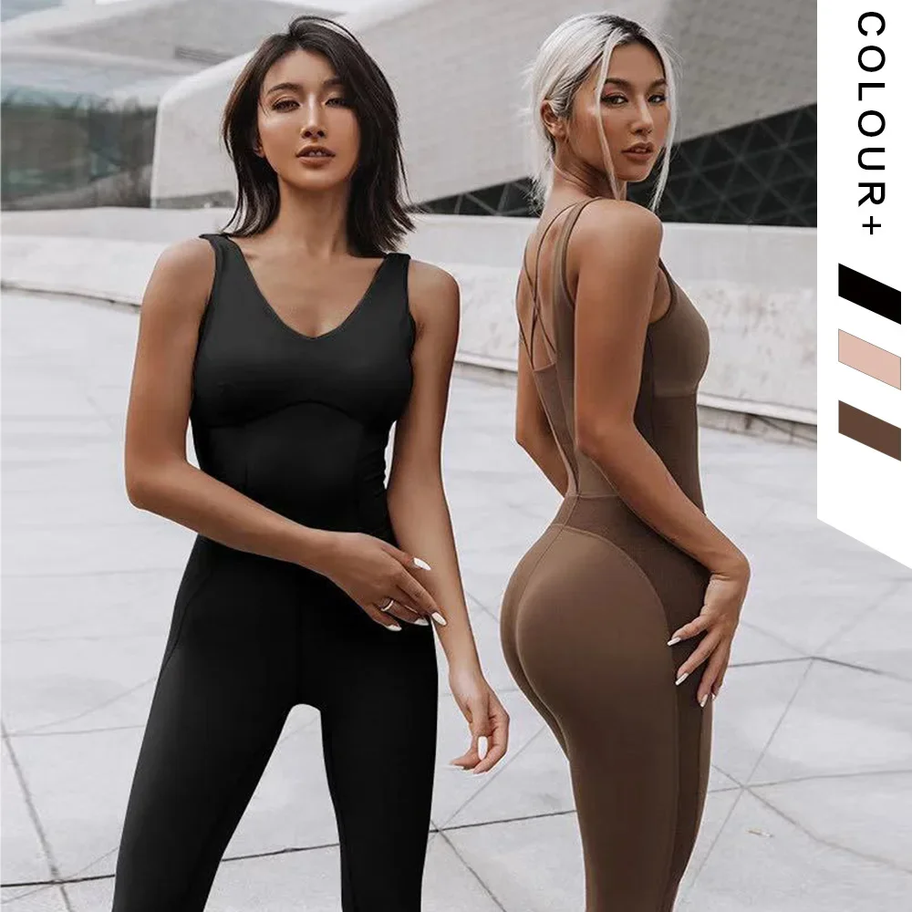 Top Trends: V-neck One-piece Yoga Sets Women Sleeveless Gym Clothing Sports Suit With Padded Back Strap Cross Dance Rompers Fitness Jumpsuit Shoppable Styles