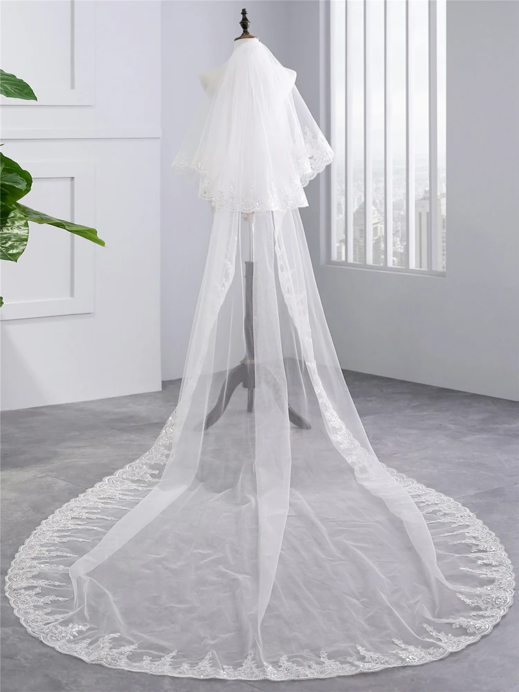 Top Trends: 3 Meter 2 Tiers Wedding Veil With Sequin Lace Edge White Ivory Long Bridal Veil With Comb Gorgeous Mantilla Cathedral Veil Shoppable Styles