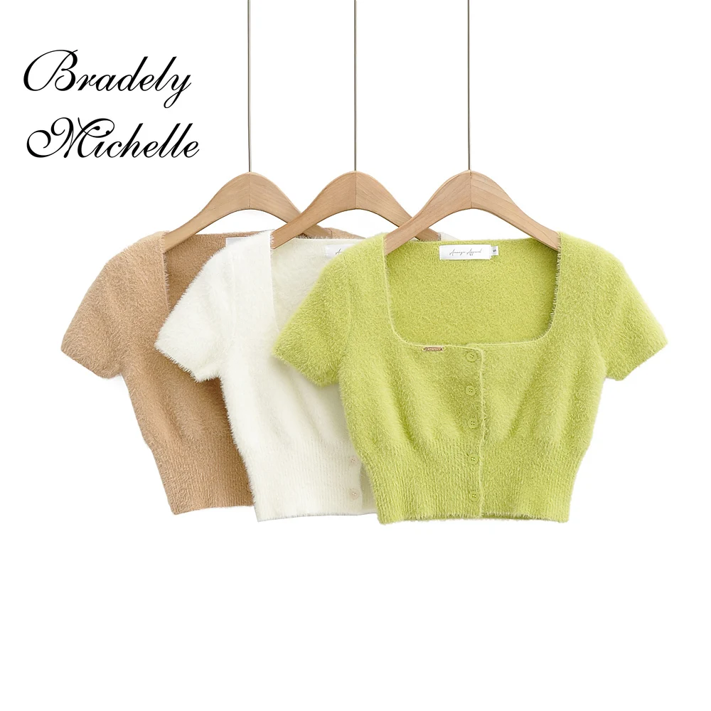 Top Trends: Summer Imitation Mink Knitted Hair Sexy Green Knitted Tight-fitting Thin Cropped Cardigan Short-sleeve Square Collar T-shirt Shoppable Styles