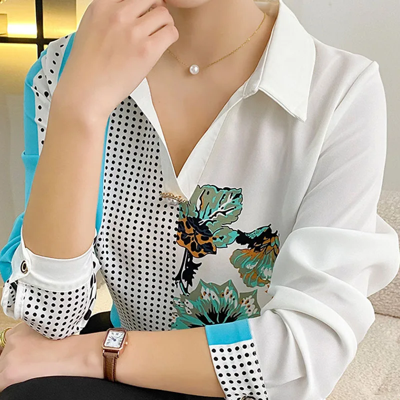 Top Trends: Women's Clothing Fashion Vintage Printed Spliced Long Sleeve Shirt Autumn Korean Casual Polo-Neck Beading Blouse For Female Shoppable Styles - Image 4