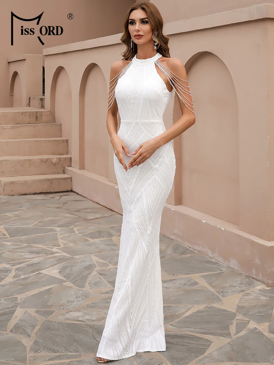 Top Trends: Missord White Sequin Wedding Party Dress Elegant Women Halter Sleeveless Tassel Beading Bodycon Prom Evening Dresses Long Gown Shoppable Styles