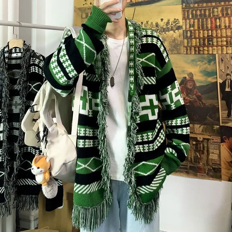 Top Trends: Sense Of Design New Tassels High-quality Cardigan Lazy Style Men Loose Leisure Geometric Printing Japan Style Fashion Green Shoppable Styles