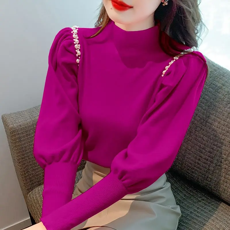 Top Trends: Fashion Spliced Loose Beading Lantern Sleeve Sweater Women&#039;s Clothing 2023 Winter New Casual Pullovers All-match Tops Shoppable Styles